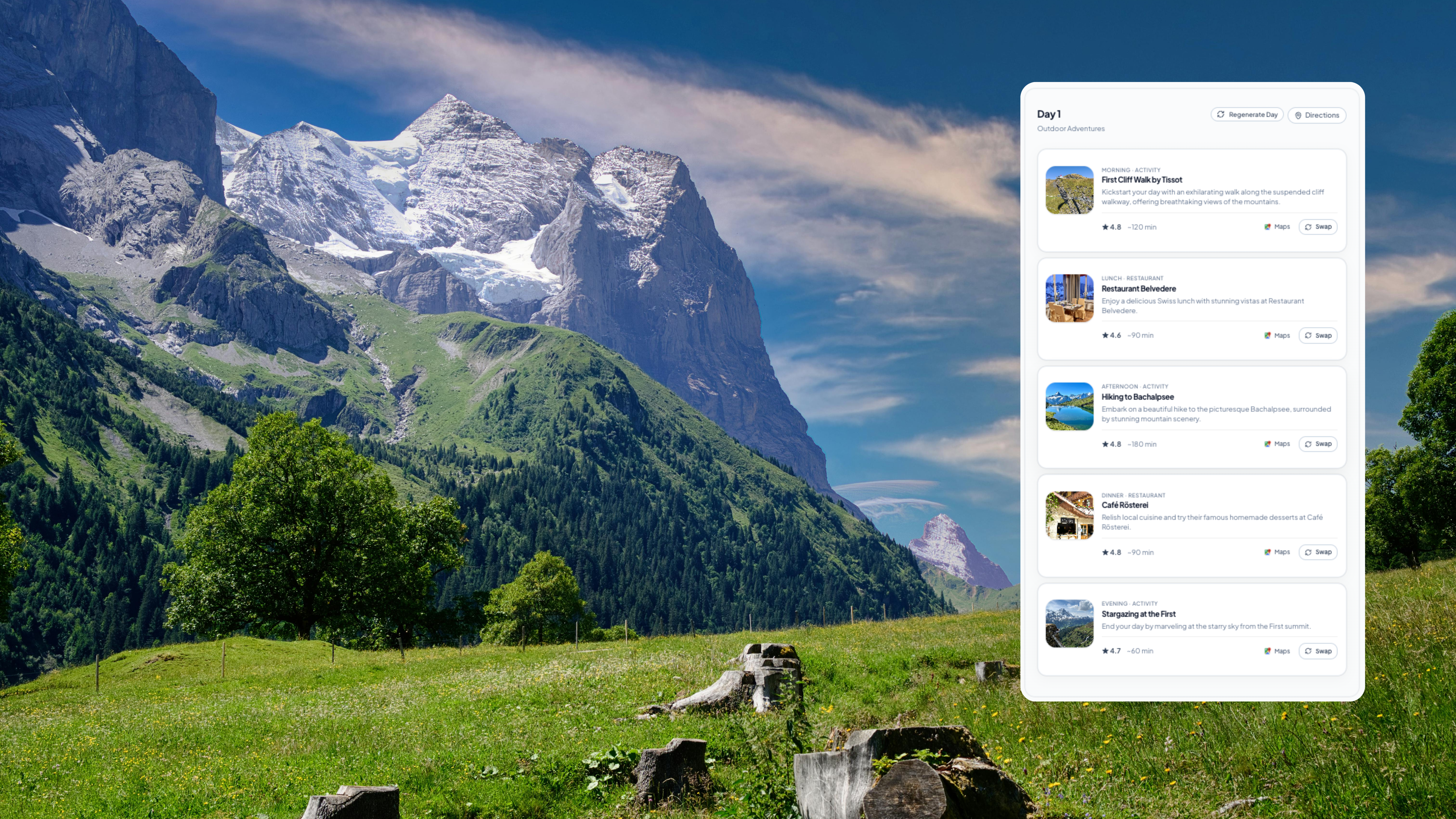 What your trip looks like — sample itinerary with hotel, activities, and map